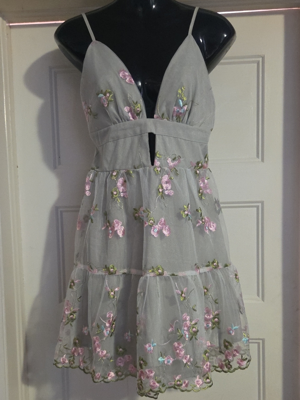 Light Gray Embroidered Floral Spaghetti Strap Dress